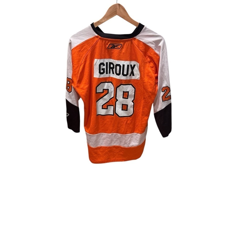 Giroux Reebok Orange and Black Hockey Jersey with Number 28.